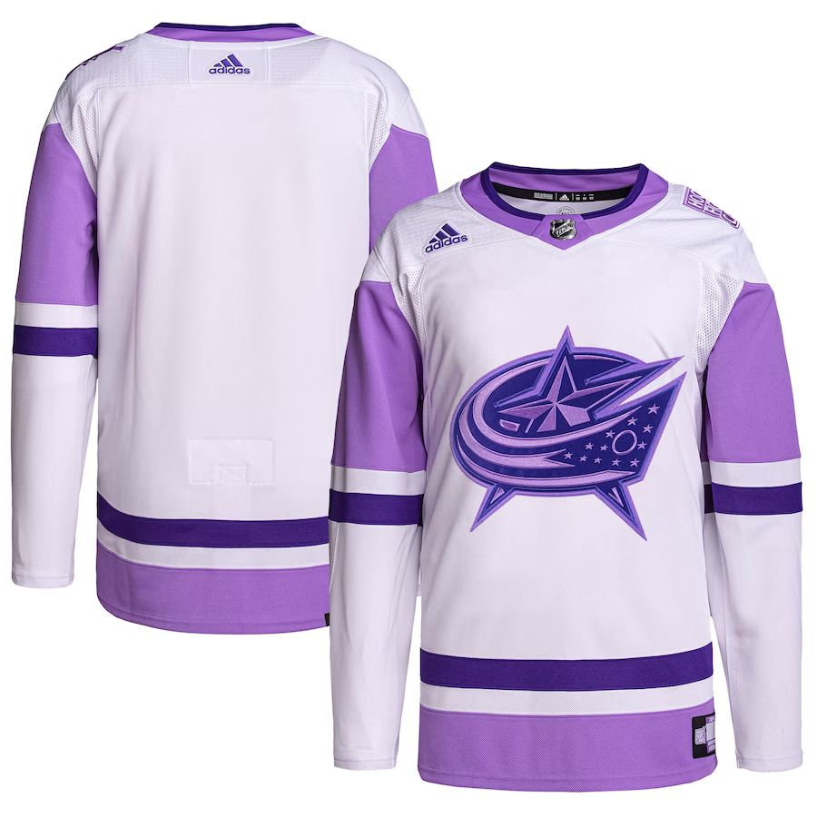 Men Columbus Blue Jackets adidas White Purple Hockey Fights Cancer Primegreen Authentic Blank Practice NHL Jersey